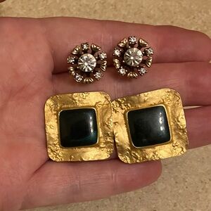 2 Pairs of Beautiful Gold Tone Earrings With Clear Stones and Dark Green Accent